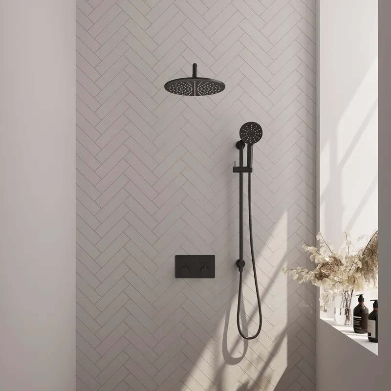 Gereduceerde Prijs Brauer Black Editon Regendoucheset: Thermostatische Inbouwkraan met Drukknoppen, Gebogen Wandarm, Douchekop 30cm, Glijstang met Wateruitlaat, 3-Standen Handdouche & Doucheslang - Set 70 - Draaiknoppen - Mat Zwart