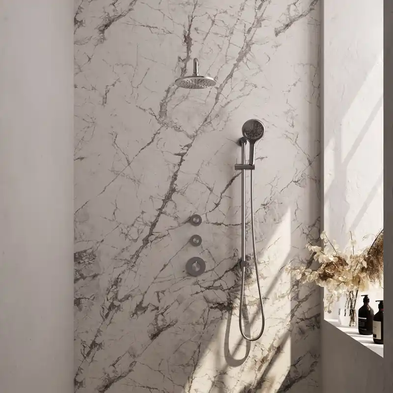 Laatste Versie Brauer Brushed Carving Regendoucheset: Thermostatische Inbouwkraan met Stopkranen, Gebogen Wandarm, Douchekop 20cm, Glijstang met Wateruitlaat, 3-Standen Handdouche & Doucheslang - Set 21 - Geribbeld Draaiknoppen - PVD - Geborsteld RVS