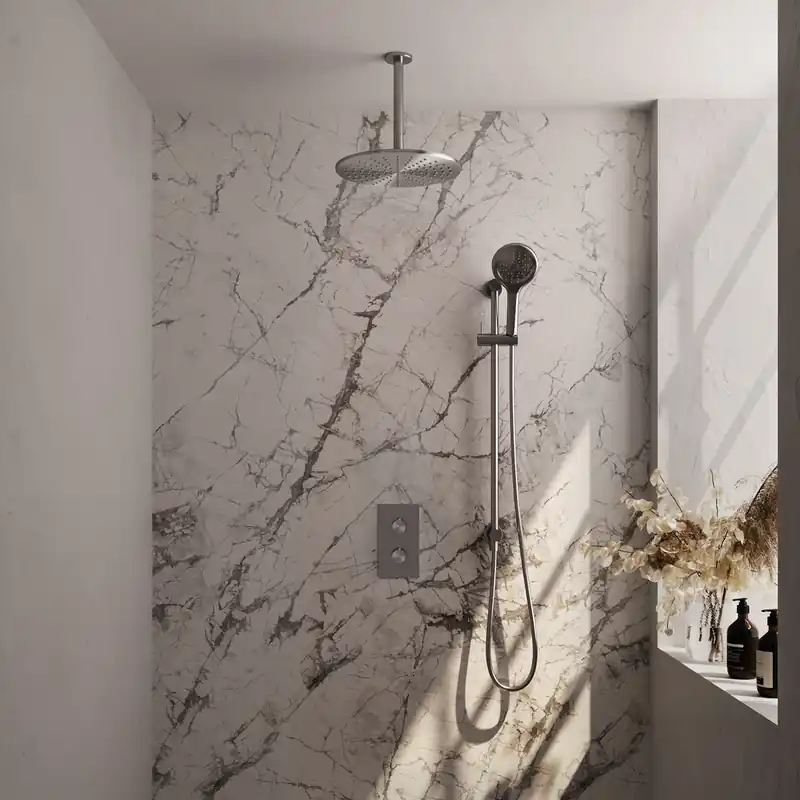 Brauer Brushed Carving Regendoucheset: Thermostatische Inbouwkraan met 3-Weg Omstel, Plafondarm, Douchekop 30cm, Glijstang met Wateruitlaat, 3-Standen Handdouche & Doucheslang - Set 48 - Geribbeld Draaiknoppen - PVD - Geborsteld RVS Korting