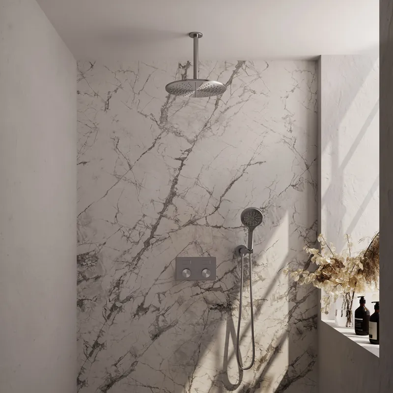 Brauer Brushed Carving Regendoucheset: Thermostatische Inbouwkraan met Drukknoppen, Plafondarm, Douchekop 30cm, Wandhouder met Wateruitlaat, 3-Standen Handdouche & Doucheslang - Set 60 - Geribbeld Draaiknoppen - PVD - Geborsteld RVS Koop Vandaag