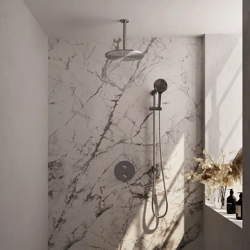 Beste Prijs Brauer Brushed Carving Regendoucheset: Thermostatische Inbouwkraan met 3-Weg Omstel, Plafondarm, Douchekop 30cm, Geintegreerde Glijstang, 3-Standen Handdouche & Doucheslang - Set 96 - Draaiknoppen - Geborsteld RVS