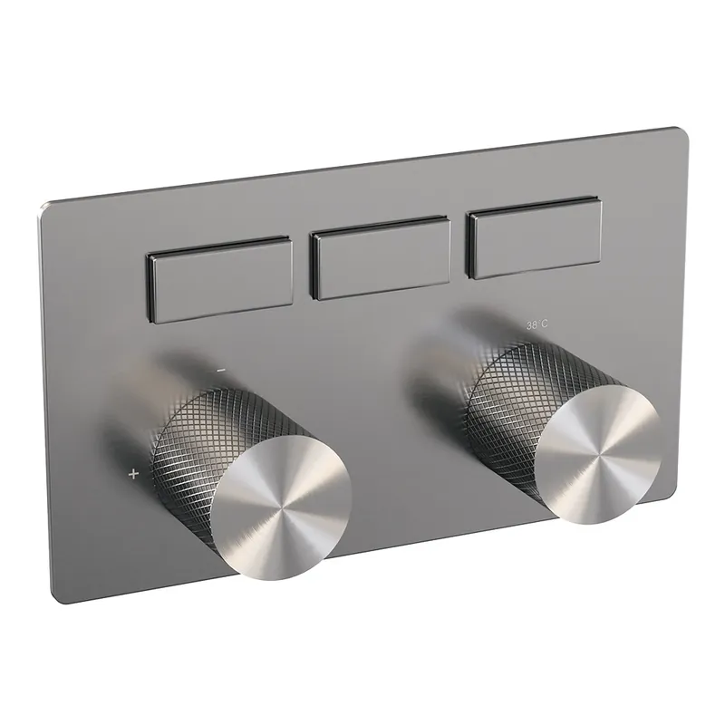 Snelle Levering Brauer Brushed Carving Thermostatisch Inbouwkraan met 3-Weg Omstel - 3 Drukknoppen & 2 Geribbeld Draaiknoppen - PVD - Geborsteld RVS