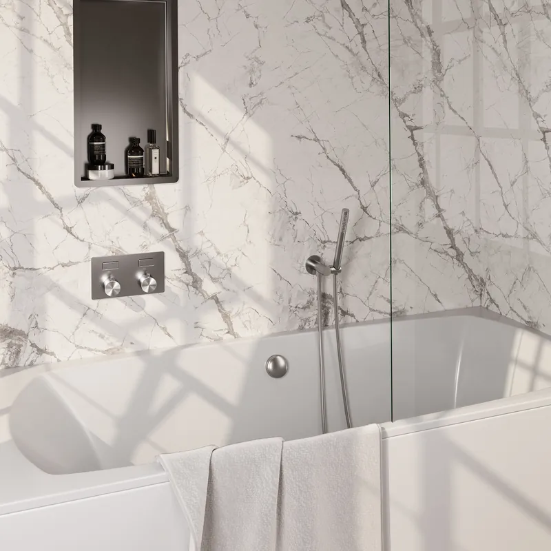 Brauer Brushed Edition Thermostatische Inbouw Badkraan met Omstel, Badvulcombinatie, Drukknoppen, Wandhouder met Wateruitlaat, Staafhanddouche & Doucheslang - Set 3 - Draaiknoppen - PVD - Geborsteld RVS Must-Have