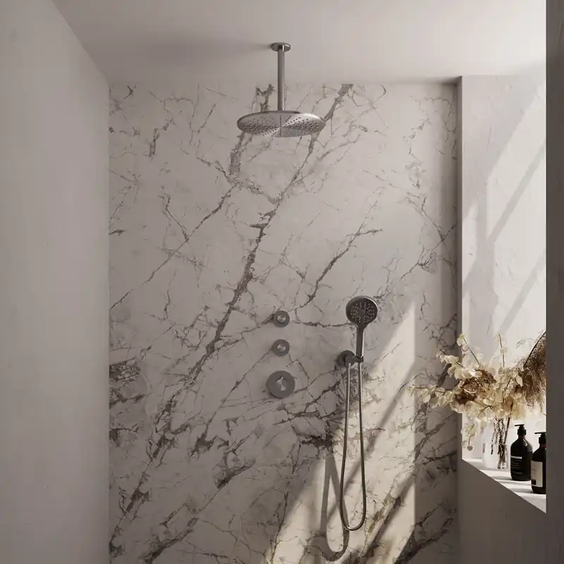 Laatste Versie Brauer Brushed Editon Regendoucheset: Thermostatische Inbouwkraan met Stopkranen, Plafondarm, Douchekop 30cm, Wandhouder met Wateruitlaat, 3-Standen Handdouche & Doucheslang - Set 12 - Draaiknoppen - PVD - Geborsteld RVS