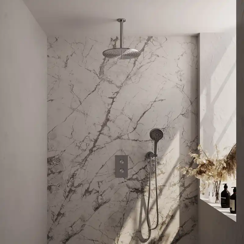 Brauer Brushed Editon Regendoucheset: Thermostatische Inbouwkraan met 3-Weg Omstel, Plafondarm, Douchekop 30cm, Wandhouder met Wateruitlaat, 3-Standen Handdouche & Doucheslang - Set 36 - Draaiknoppen - PVD - Geborsteld RVS Finale Uitverkoop
