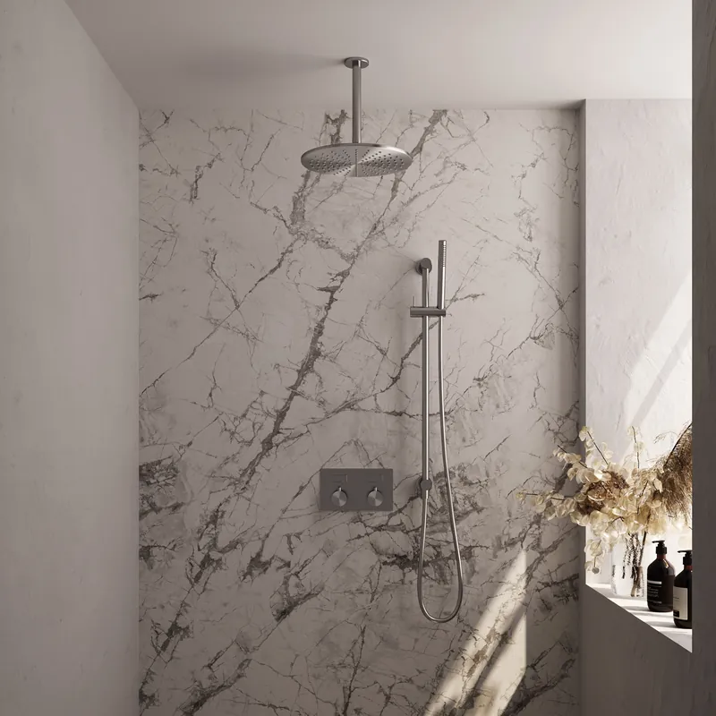 Brauer Brushed Editon Regendoucheset: Thermostatische Inbouwkraan met Drukknoppen, Plafondarm, Douchekop 30cm, Glijstang met Wateruitlaat, Staafhanddouche & Doucheslang - Set 66 - Draaiknoppen - PVD - Geborsteld RVS Betrouwbaar