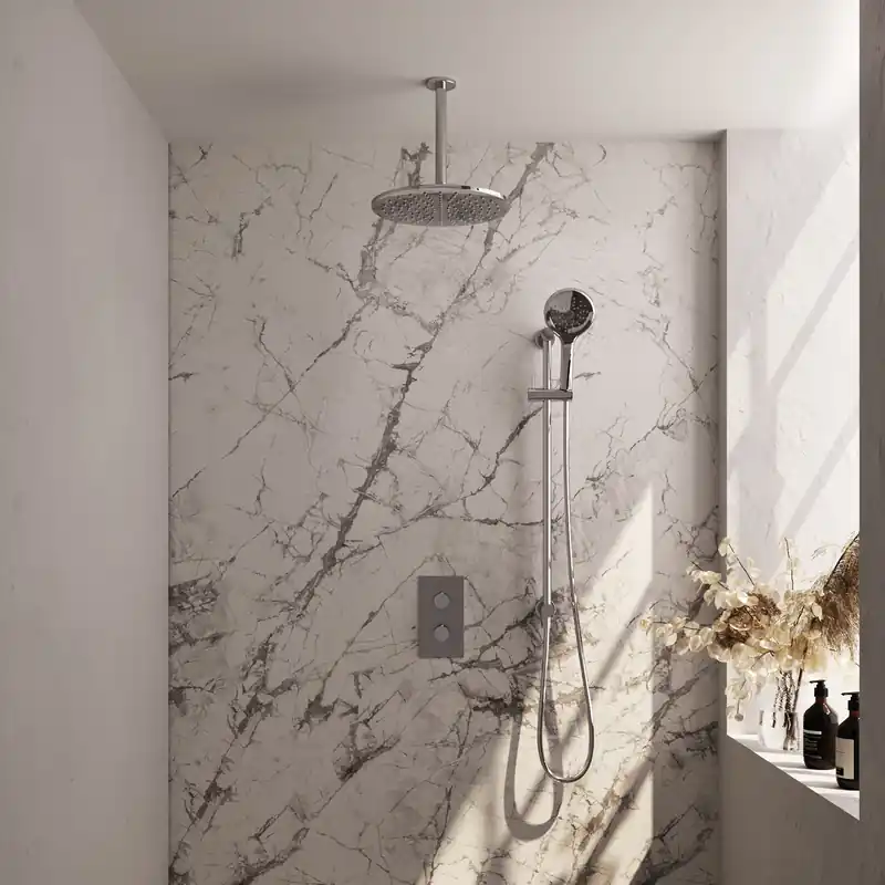 Meest Verkocht Brauer Chrome Carving Regendoucheset: Thermostatische Inbouwkraan met 3-Weg Omstel, Plafondarm, Douchekop 30cm, Glijstang met Wateruitlaat, 3-Standen Handdouche & Doucheslang - Set 48 - Geribbeld Draaiknoppen - Chroom