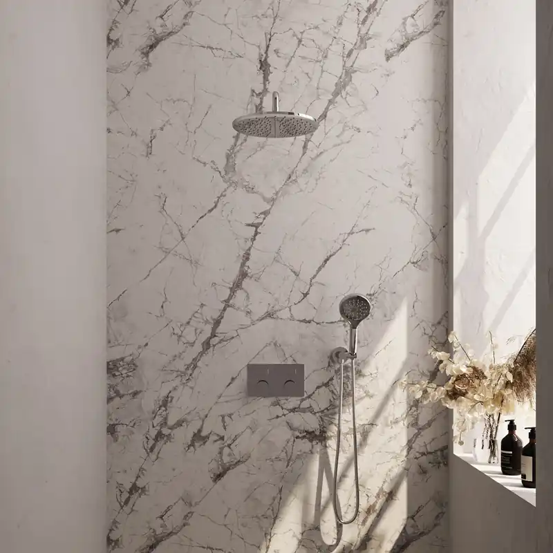 Lage Kosten Brauer Chrome Carving Regendoucheset: Thermostatische Inbouwkraan met Drukknoppen, Gebogen Wandarm, Douchekop 30cm, Wandhouder met Wateruitlaat, 3-Standen Handdouche & Doucheslang - Set 58 - Geribbeld Draaiknoppen - Chroom
