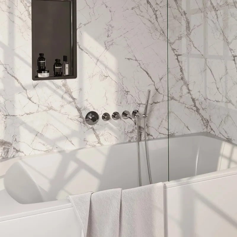 Brauer Chrome Carving Thermostatische Inbouw Badkraan met Omstel, Uitloop, Stopkranen, Wandhouder met Wateruitlaat, Staafhanddouche & Doucheslang - Set 1 - Geribbeld Draaiknoppen - Chroom Uitverkoop