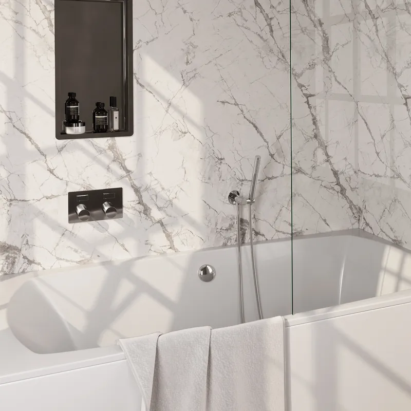Hoge Kwaliteit Brauer Chrome Carving Thermostatische Inbouw Badkraan met Omstel, Badvulcombinatie, Drukknoppen, Wandhouder met Wateruitlaat, Staafhanddouche & Doucheslang - Set 3 - Geribbeld Draaiknoppen - Chroom