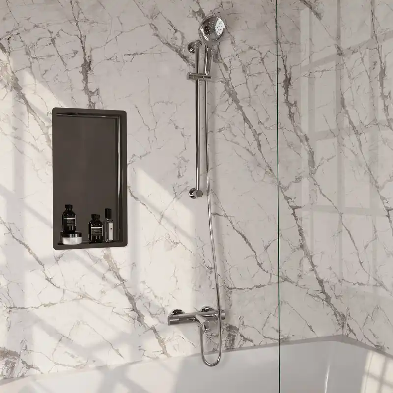 Brauer Chrome Carving Thermostatische Opbouw Badkraan met Omstel, Glijstang, 3-Standen Handdouche & Doucheslang - Set 2 - Geribbeld Draaiknoppen - Chroom Beste Prijs