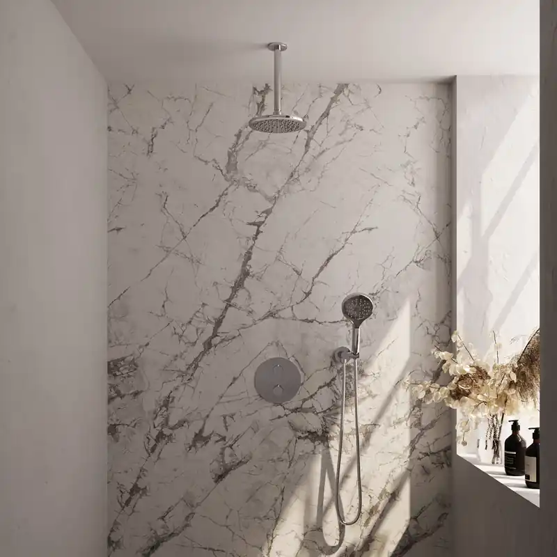 Bestel Nu Brauer Chrome Edition Regendoucheset: Thermostatische Inbouwkraan met 3-Weg Omstel, Plafondarm, Douchekop 20cm, Wandaansluitbocht, 3-Standen Handdouche & Doucheslang - Set 83 - Draaiknoppen - Chroom