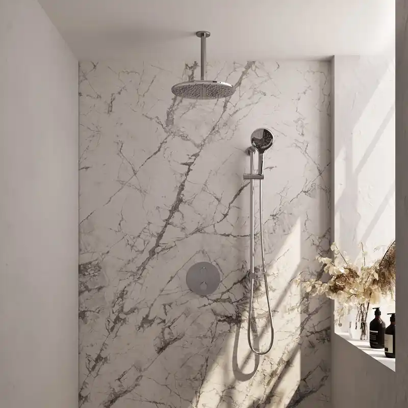 Brauer Chrome Edition Regendoucheset: Thermostatische Inbouwkraan met 3-Weg Omstel, Plafondarm, Douchekop 30cm, Geintegreerde Glijstang, 3-Standen Handdouche & Doucheslang - Set 96 - Draaiknoppen - Chroom Merkproduct