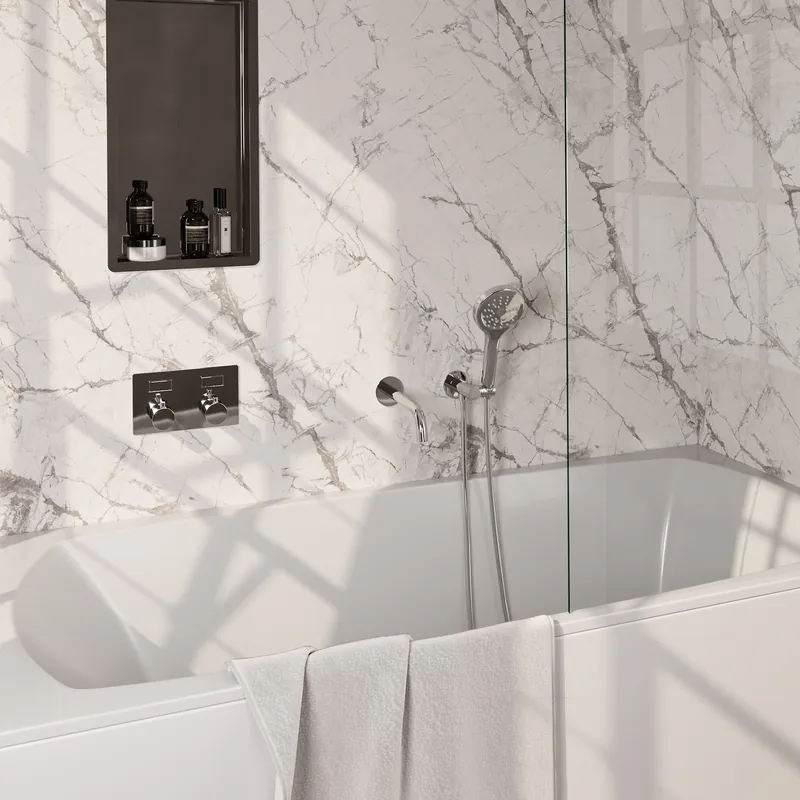 Uitverkoop Brauer Chrome Edition Thermostatische Inbouw Badkraan met Omstel, Uitloop, Drukknoppen, Wandhouder met Wateruitlaat, 3-Standen Handdouche & Doucheslang - Set 4 - Draaiknoppen - Chroom