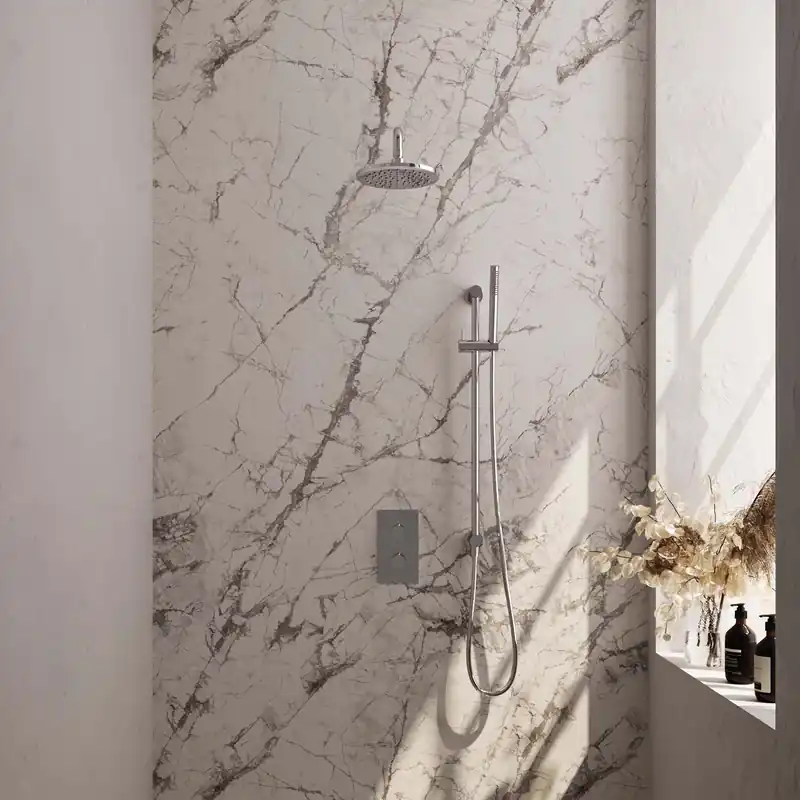 Lage Prijs Brauer Chrome Editon Regendoucheset: Thermostatische Inbouwkraan met 3-Weg Omstel, Gebogen Wandarm, Douchekop 20cm, Glijstang met Wateruitlaat, Staafhanddouche & Doucheslang - Set 39 - Draaiknoppen - Chroom