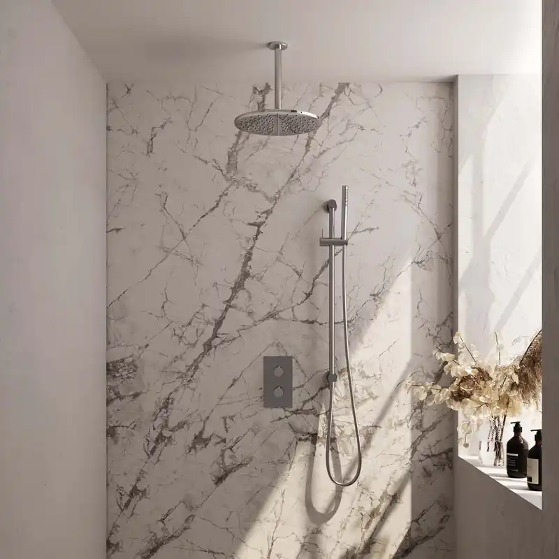 Brauer Chrome Editon Regendoucheset: Thermostatische Inbouwkraan met 3-Weg Omstel, Plafondarm, Douchekop 30cm, Glijstang met Wateruitlaat, Staafhanddouche & Doucheslang - Set 42 - Draaiknoppen - Chroom Bestel Nu