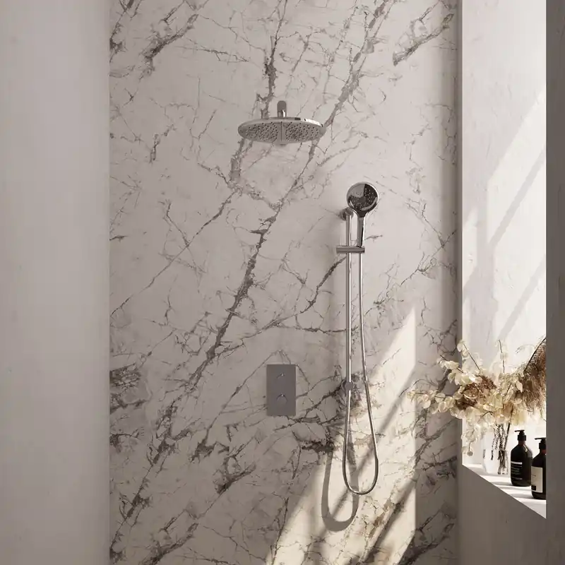 Brauer Chrome Editon Regendoucheset: Thermostatische Inbouwkraan met 3-Weg Omstel, Rechte Wandarm, Douchekop 30cm, Glijstang met Wateruitlaat, 3-Standen Handdouche & Doucheslang - Set 44 - Draaiknoppen - Chroom Weekendaanbieding
