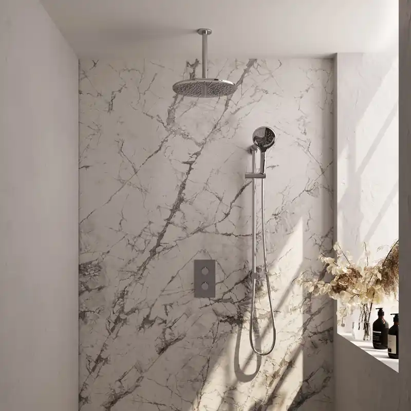 Fabrieksprijs Brauer Chrome Editon Regendoucheset: Thermostatische Inbouwkraan met 3-Weg Omstel, Plafondarm, Douchekop 30cm, Glijstang met Wateruitlaat, 3-Standen Handdouche & Doucheslang - Set 48 - Draaiknoppen - PVD - Chroom