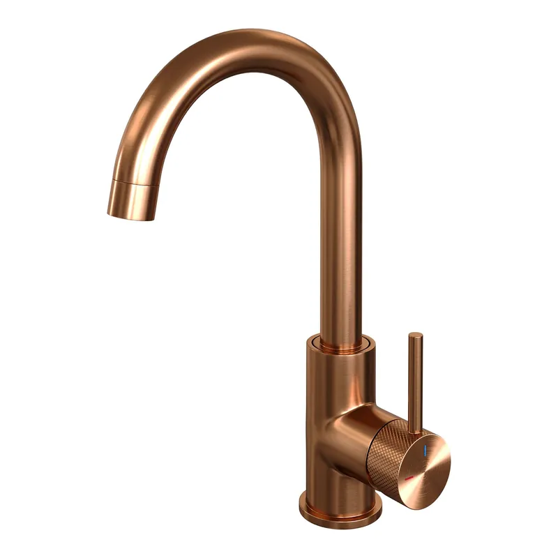 Brauer Copper Carving Opbouw Wastafelmengkraan met Draaibare Ronde Uitloop - Model A - Hoog - Geribbeld Hendel - PVD - PVD - Geborsteld Koper Rechtstreeks Van De Fabrikant