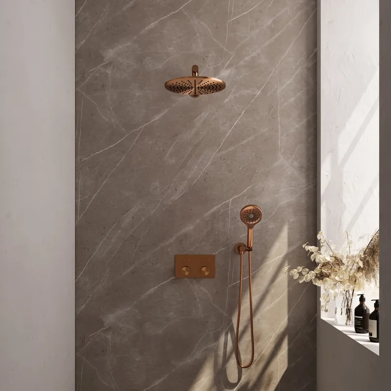 Nu Kopen Brauer Copper Carving Regendoucheset: Thermostatische Inbouwkraan met Drukknoppen, Rechte Wandarm, Douchekop 30cm, Wandhouder met Wateruitlaat, 3-Standen Handdouche & Doucheslang - Set 56 - Geribbeld Draaiknoppen - PVD - Geborsteld Koper