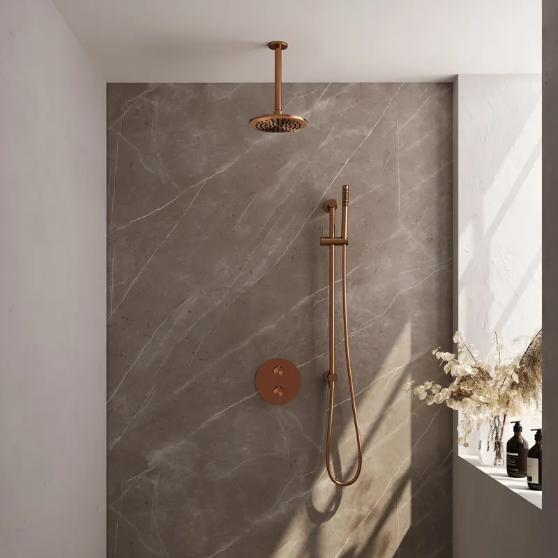 Brauer Copper Carving Regendoucheset: Thermostatische Inbouwkraan met 3-Weg Omstel, Plafondarm, Douchekop 20cm, Geintegreerde Glijstang, Staafhanddouche & Doucheslang - Set 89 - Draaiknoppen - Geborsteld Koper Meest Verkocht