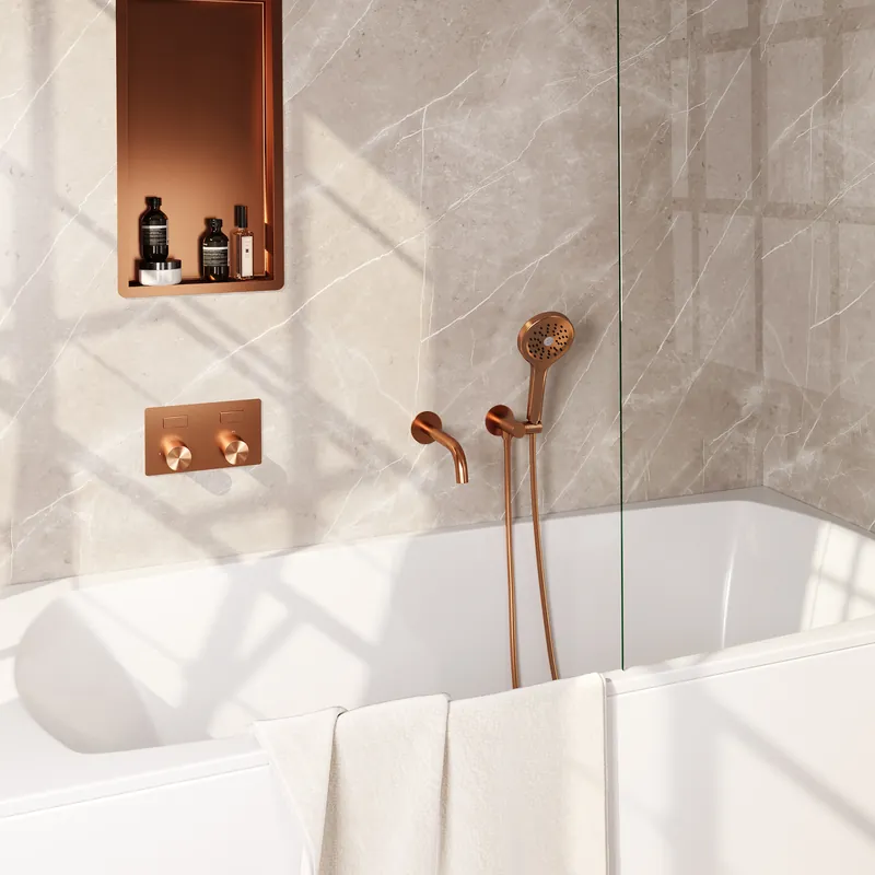 Brauer Copper Carving Thermostatische Inbouw Badkraan met Omstel, Uitloop, Drukknoppen, Wandhouder met Wateruitlaat, 3-Standen Handdouche & Doucheslang - Set 4 - Geribbeld Draaiknoppen - PVD - Geborsteld Koper Op = Op