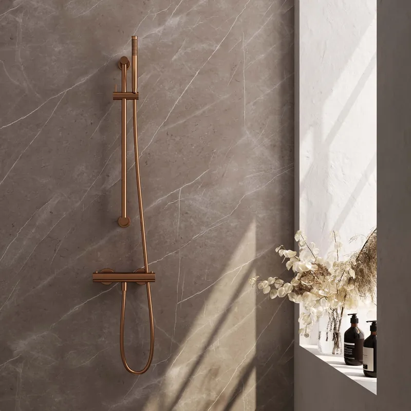 Brauer Copper Edition Doucheset: Thermostatische Opbouwkraan met Glijstang, Staafhanddouche & Doucheslang - Set 1 - Draaiknoppen - PVD - Geborsteld Koper Direct Beschikbaar