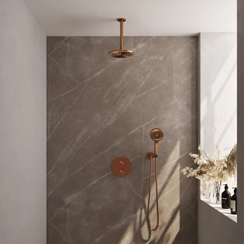 Dagaanbieding Brauer Copper Edition Regendoucheset: Thermostatische Inbouwkraan met 3-Weg Omstel, Plafondarm, Douchekop 20cm, Wandaansluitbocht, 3-Standen Handdouche & Doucheslang - Set 83 - Draaiknoppen - Geborsteld Koper