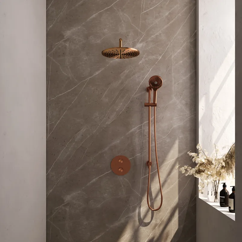 Gratis Retour Brauer Copper Edition Regendoucheset: Thermostatische Inbouwkraan met 3-Weg Omstel, Gebogen Wandarm, Douchekop 30cm, Geintegreerde Glijstang, 3-Standen Handdouche & Doucheslang - Set 94 - Draaiknoppen - Geborsteld Koper