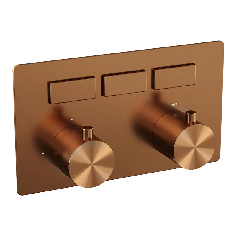 Rechtstreeks Van De Fabrikant Brauer Copper Edition Thermostatisch Inbouwkraan met 3-Weg Omstel - 3 Drukknoppen & 2 Geribbeld Draaiknoppen - PVD - Geborsteld Koper