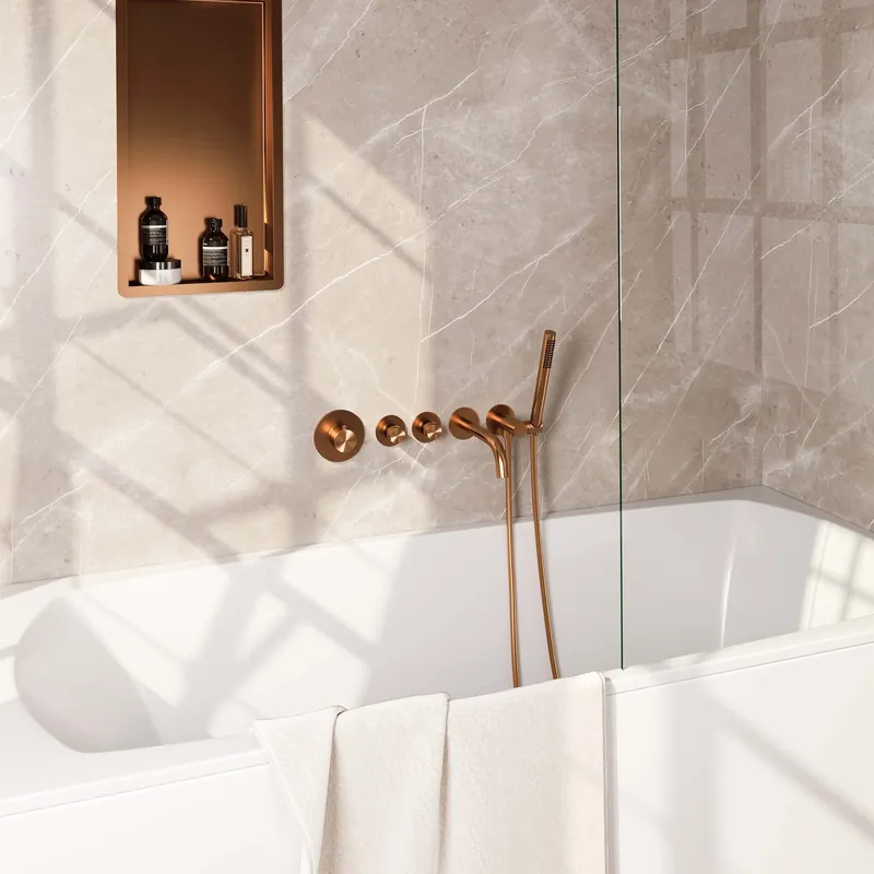 Brauer Copper Edition Thermostatische Inbouw Badkraan met Omstel, Uitloop, Stopkranen, Wandhouder met Wateruitlaat, Staafhanddouche & Doucheslang - Set 1 - Draaiknoppen - PVD - Geborsteld Koper Favoriet