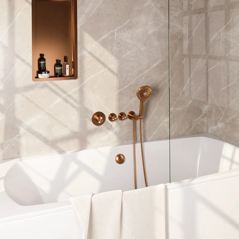Brauer Copper Edition Thermostatische Inbouw Badkraan met Omstel, Badvulcombinatie, Stopkranen, Wandhouder met Wateruitlaat, 3-Standen Handdouche & Doucheslang - Set 2 - Draaiknoppen - PVD - Geborsteld Koper Beste Prijs