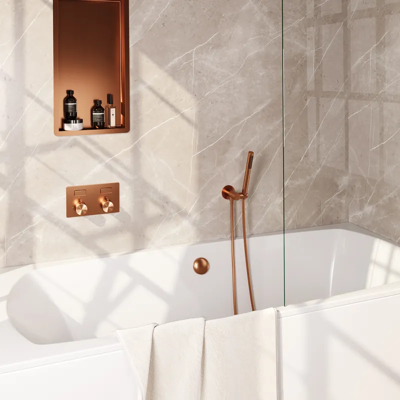 Aanbieding Brauer Copper Edition Thermostatische Inbouw Badkraan met Omstel, Badvulcombinatie, Drukknoppen, Wandhouder met Wateruitlaat, Staafhanddouche & Doucheslang - Set 3 - Draaiknoppen - PVD - Geborsteld Koper