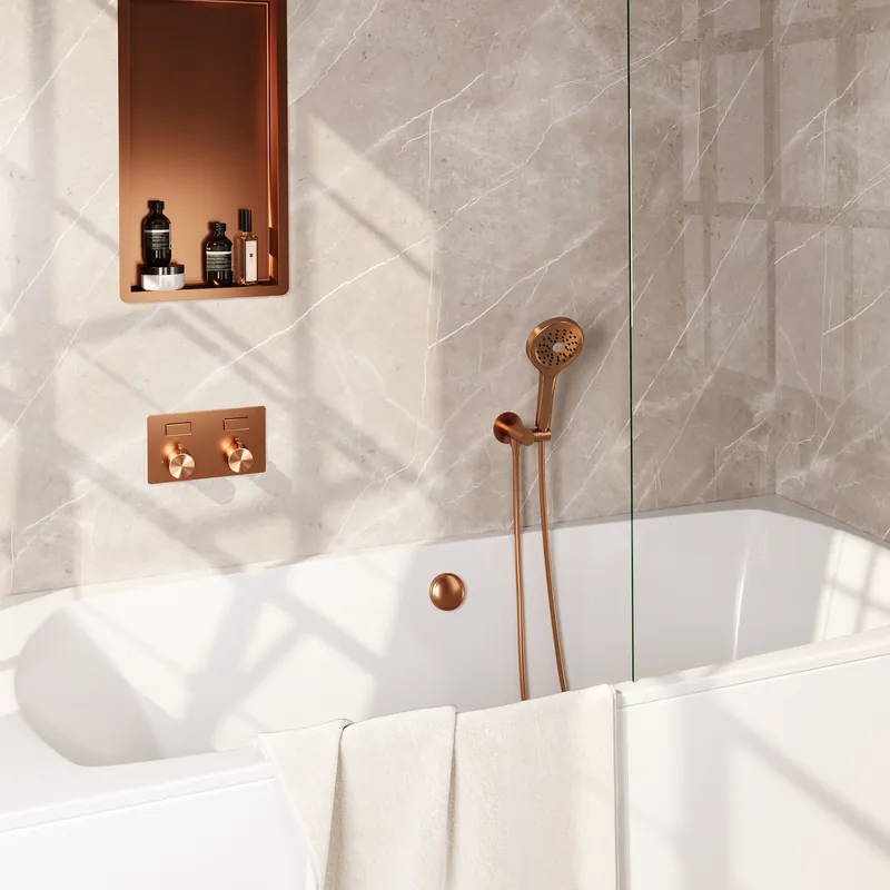 Brauer Copper Edition Thermostatische Inbouw Badkraan met Omstel, Badvulcombinatie, Drukknoppen, Wandhouder met Wateruitlaat, 3-Standen Handdouche & Doucheslang - Set 4 - Draaiknoppen - PVD - Geborsteld Koper Lage Prijs