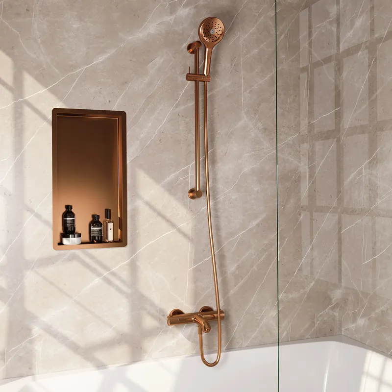 Hete Deal Brauer Copper Edition Thermostatische Opbouw Badkraan met Omstel, Glijstang, 3-Standen Handdouche & Doucheslang - Set 2 - Draaiknoppen - PVD - Geborsteld Koper