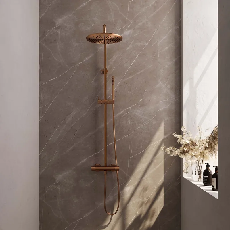Meest Verkocht Brauer Copper Editon Regendoucheset: Thermostatische Opbouwkraan met Omstel, Stijgbuis, Douchekop 30cm, Staafhanddouche & Doucheslang - Set 3 - Draaiknoppen - PVD - Geborsteld Koper