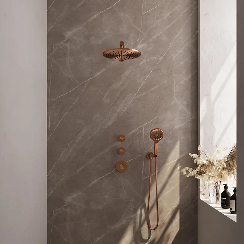 Superprijs Brauer Copper Editon Regendoucheset: Thermostatische Inbouwkraan met Stopkranen, Rechte Wandarm, Douchekop 30cm, Wandhouder met Wateruitlaat, 3-Standen Handdouche & Doucheslang - Set 8 - Draaiknoppen - PVD - Geborsteld Koper