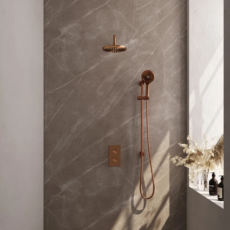 Brauer Copper Editon Regendoucheset: Thermostatische Inbouwkraan met 3-Weg Omstel, Gebogen Wandarm, Douchekop 20cm, Glijstang met Wateruitlaat, 3-Standen Handdouche & Doucheslang - Set 45 - Draaiknoppen - PVD - Geborsteld Koper Betaalbaar