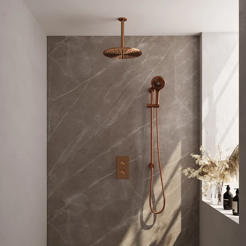 Brauer Copper Editon Regendoucheset: Thermostatische Inbouwkraan met 3-Weg Omstel, Plafondarm, Douchekop 30cm, Glijstang met Wateruitlaat, 3-Standen Handdouche & Doucheslang - Set 48 - Draaiknoppen - PVD - Geborsteld Koper Express Levering