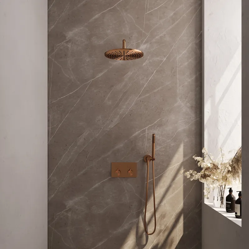 Brauer Copper Editon Regendoucheset: Thermostatische Inbouwkraan met Drukknoppen, Gebogen Wandarm, Douchekop 30cm, Wandhouder met Wateruitlaat, Staafhanddouche & Doucheslang - Set 52 - Draaiknoppen - PVD - Geborsteld Koper Korting