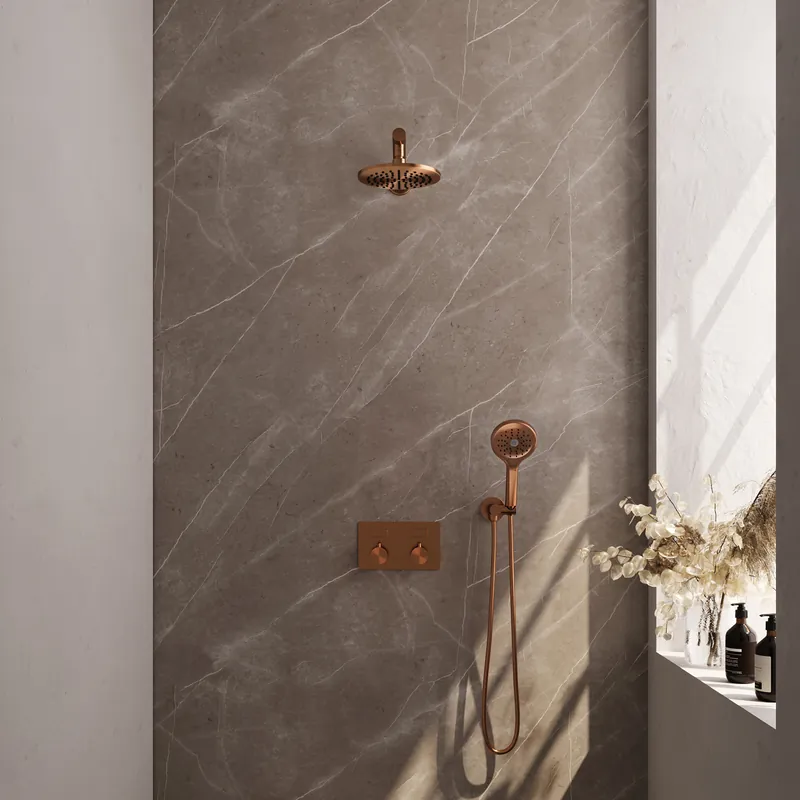 Brauer Copper Editon Regendoucheset: Thermostatische Inbouwkraan met Drukknoppen, Rechte Wandarm, Douchekop 20cm, Wandhouder met Wateruitlaat, 3-Standen Handdouche & Doucheslang - Set 55 - Draaiknoppen - PVD - Geborsteld Koper Op = Op