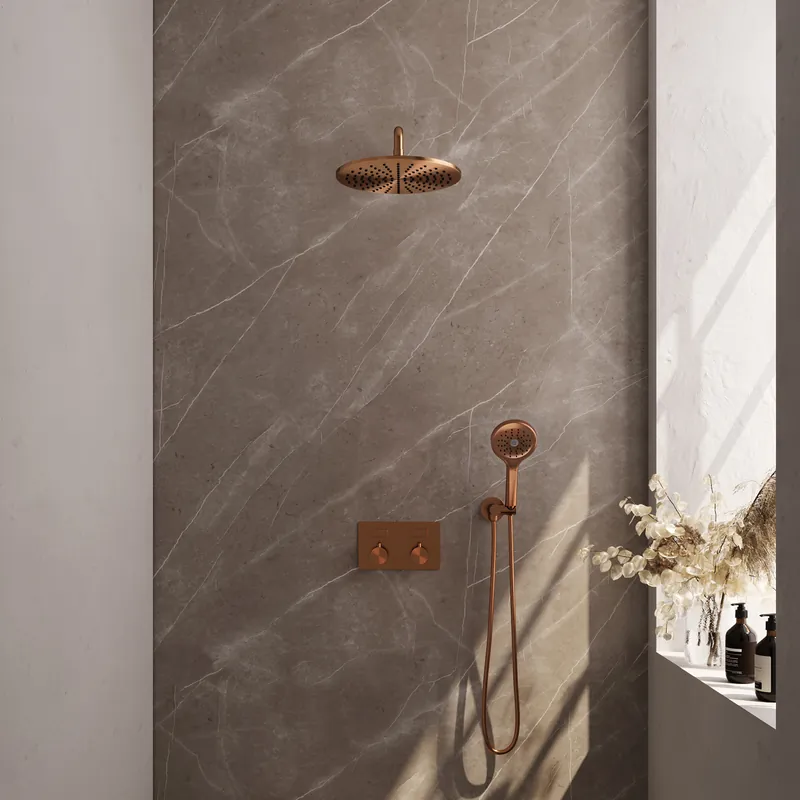 Brauer Copper Editon Regendoucheset: Thermostatische Inbouwkraan met Drukknoppen, Gebogen Wandarm, Douchekop 30cm, Wandhouder met Wateruitlaat, 3-Standen Handdouche & Doucheslang - Set 58 - Draaiknoppen - PVD - Geborsteld Koper Laatste Versie