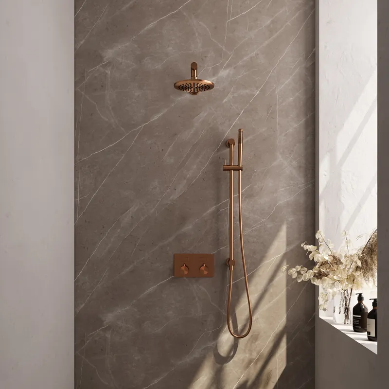 Brauer Copper Editon Regendoucheset: Thermostatische Inbouwkraan met Drukknoppen, Rechte Wandarm, Douchekop 20cm, Glijstang met Wateruitlaat, Staafhanddouche & Doucheslang - Set 61 - Draaiknoppen - PVD - Geborsteld Koper Meest Verkocht