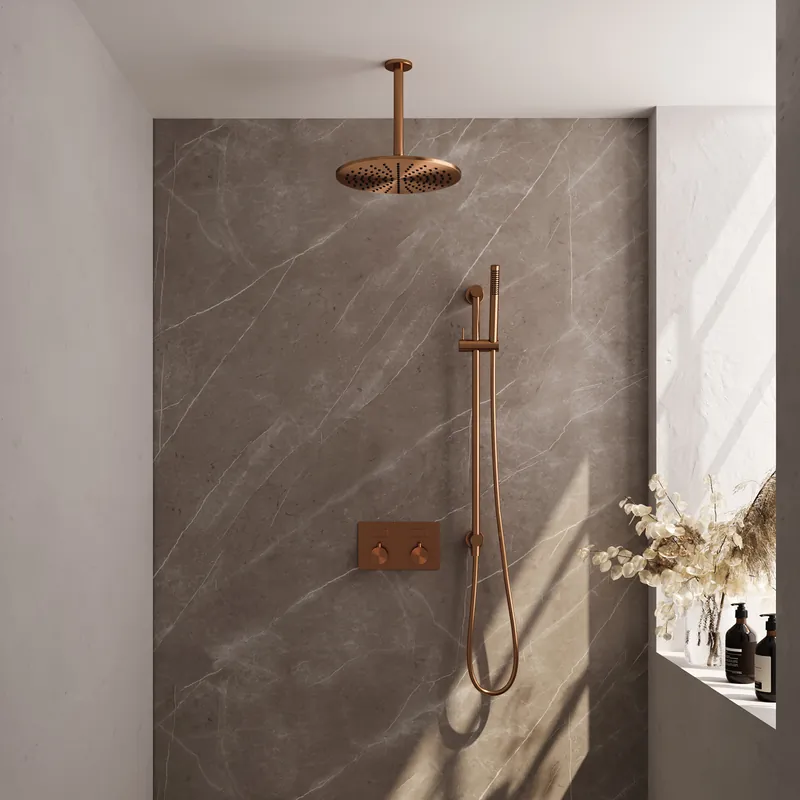 Brauer Copper Editon Regendoucheset: Thermostatische Inbouwkraan met Drukknoppen, Plafondarm, Douchekop 30cm, Glijstang met Wateruitlaat, Staafhanddouche & Doucheslang - Set 66 - Draaiknoppen - PVD - Geborsteld Koper Fabrieksprijs