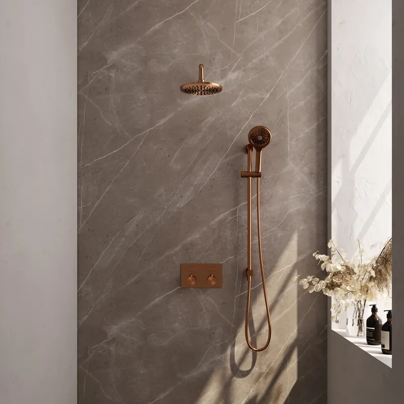 Bestel Nu Brauer Copper Editon Regendoucheset: Thermostatische Inbouwkraan met Drukknoppen, Gebogen Wandarm, Douchekop 20cm, Glijstang met Wateruitlaat, 3-Standen Handdouche & Doucheslang - Set 69 - Draaiknoppen - PVD - Geborsteld Koper
