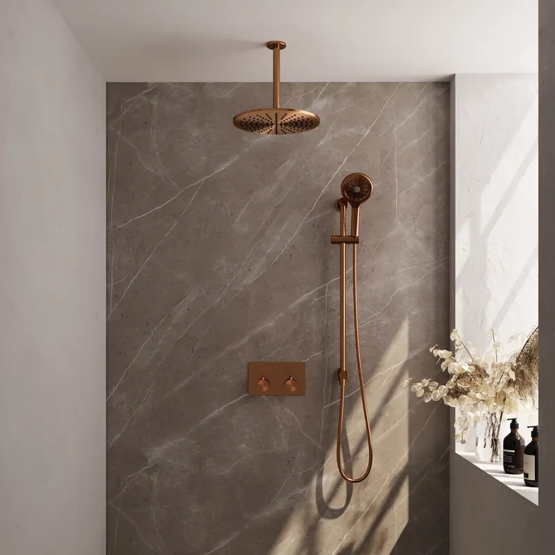Express Levering Brauer Copper Editon Regendoucheset: Thermostatische Inbouwkraan met Drukknoppen, Plafondarm, Douchekop 30cm, Glijstang met Wateruitlaat, 3-Standen Handdouche & Doucheslang - Set 72 - Draaiknoppen - PVD - Geborsteld Koper