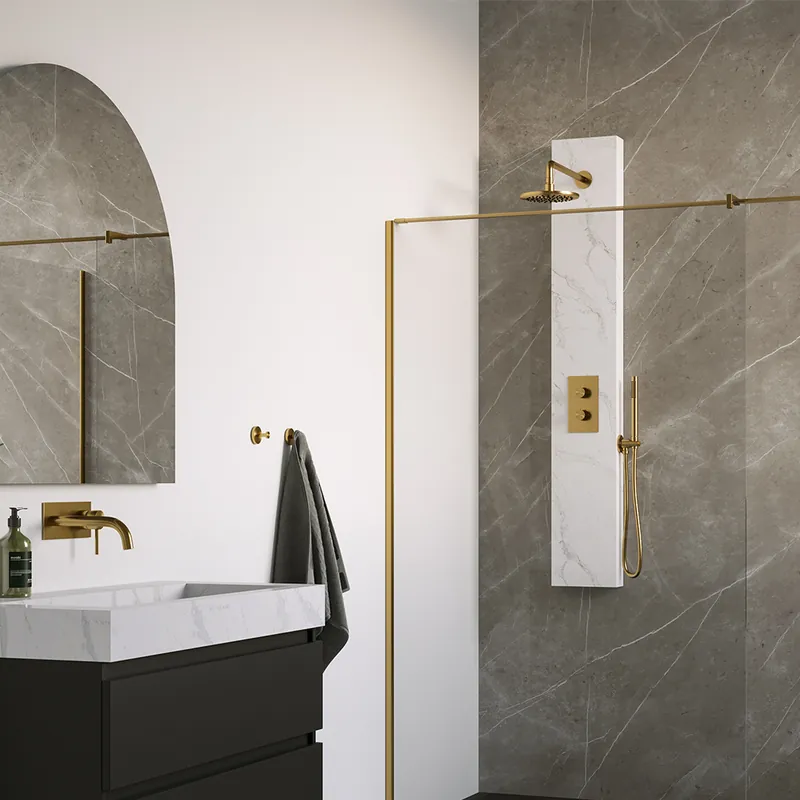 Brauer Gold Calacatta Douchepaneel met Regendoucheset: Thermostatische Inbouwkraan, 2-Weg Omstel, Gebogen Wandarm, Douchekop 20cm, Wandhouder met Wateruitlaat, Staafhanddouche & Doucheslang - PVD - Geborsteld Goud Direct Verzonden