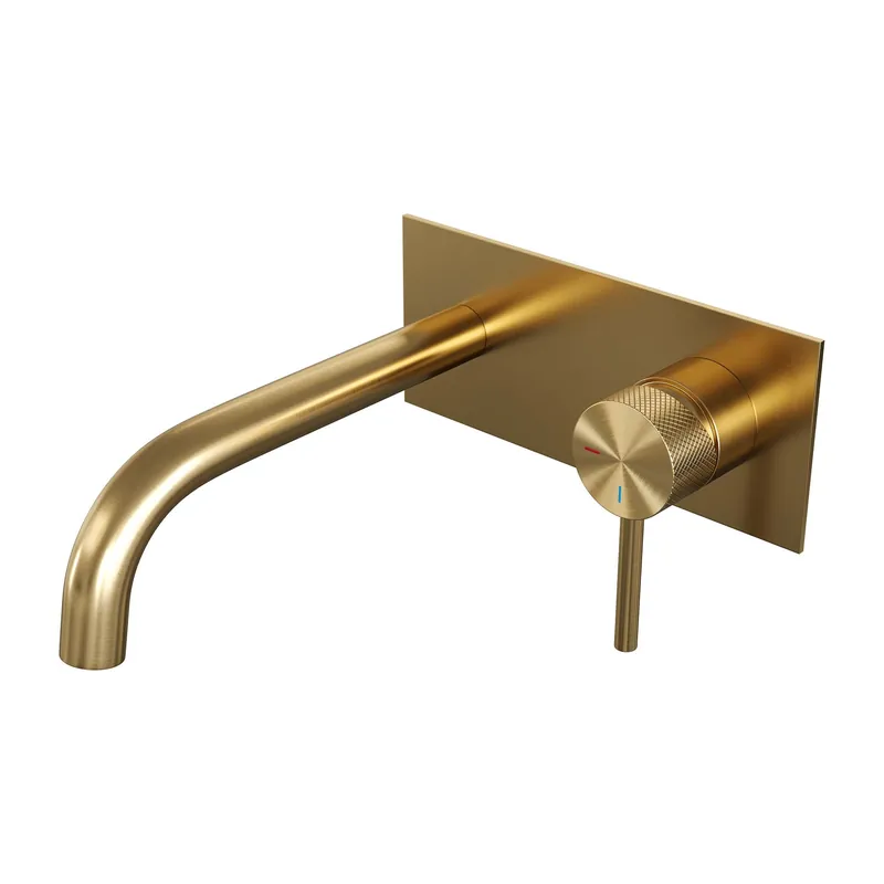 Superprijs Brauer Gold Carving Inbouw Wastafelmengkraan met Gebogen Uitloop & Afdekplaat - Model A1 - Geribbeld Hendel Rechts - PVD - PVD - Geborsteld Goud