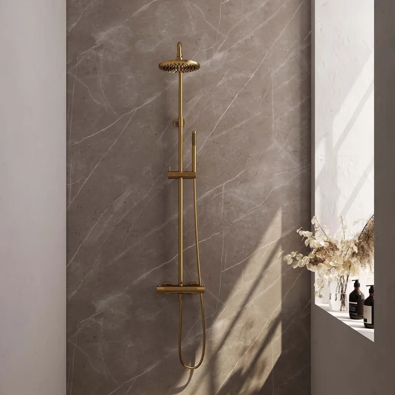 Betrouwbaar Brauer Gold Carving Regendoucheset: Thermostatische Opbouwkraan met Stijgbuis, Douchekop 20cm, Staafhanddouche & Doucheslang - Set 1 - Geribbeld Draaiknoppen - PVD - Geborsteld Goud