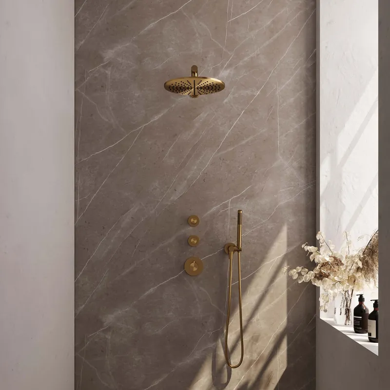 Brauer Gold Carving Regendoucheset: Thermostatische Inbouwkraan met Stopkranen, Rechte Wandarm, Douchekop 30cm, Wandhouder met Wateruitlaat, Staafhanddouche & Doucheslang - Set 2 - Geribbeld Draaiknoppen - PVD - Geborsteld Goud Korting